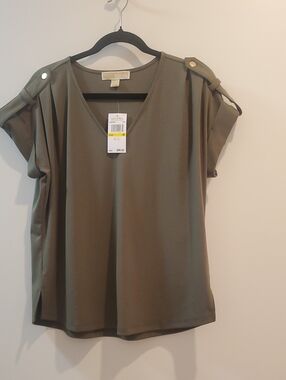 Michael Kors Olive Green V-Neck Short Sleeve Top with Shoulder Tabs